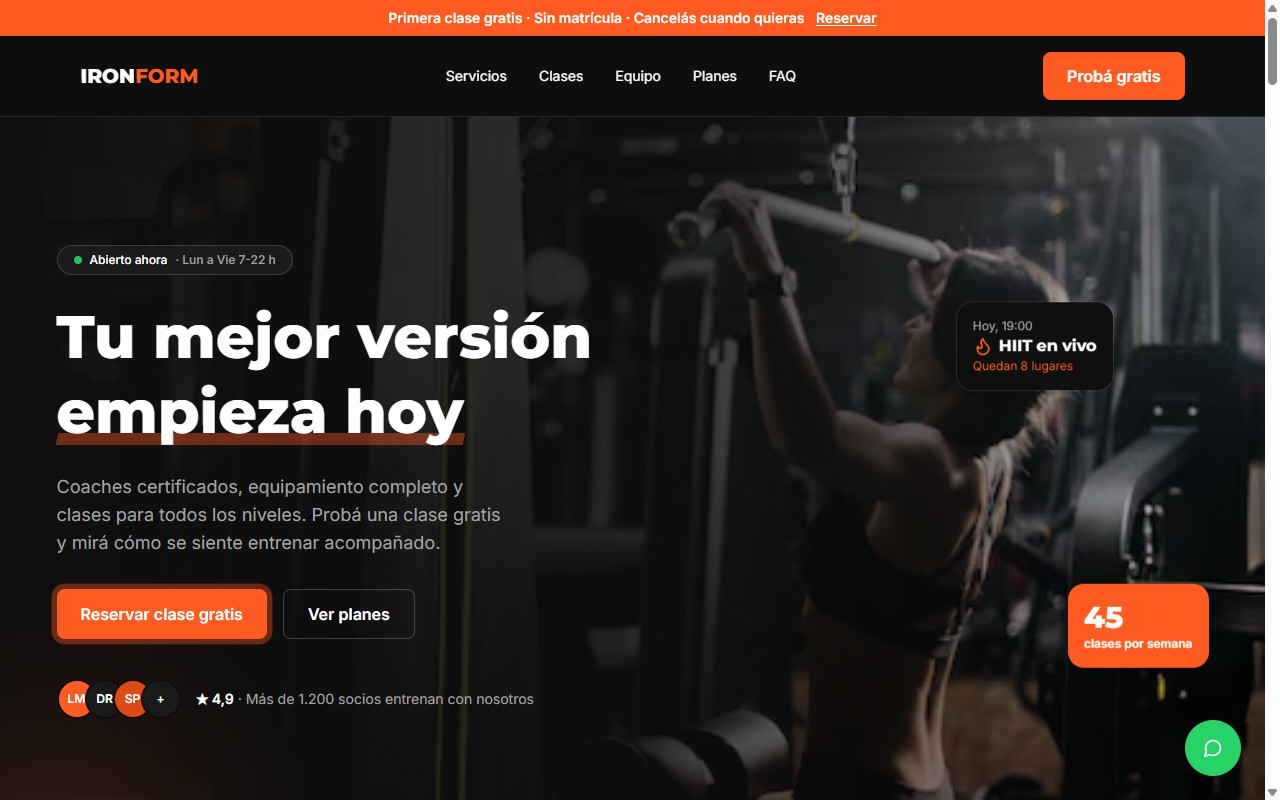 Vista previa de la landing para gimnasios