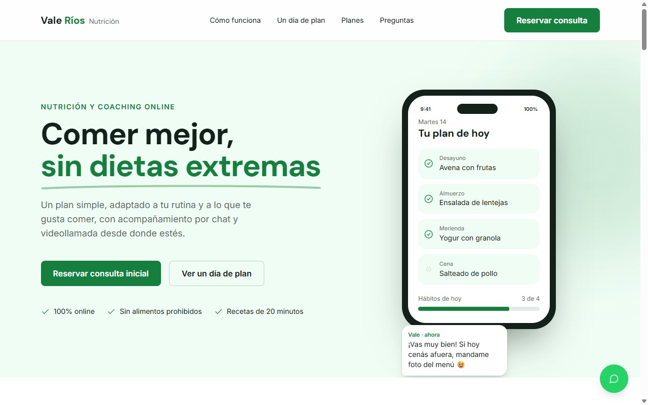 Vista previa de la landing para coach online y nutrición