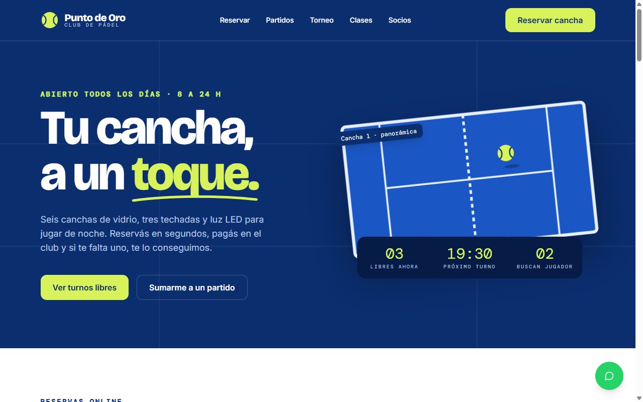 Vista previa de la landing para clubes de pádel